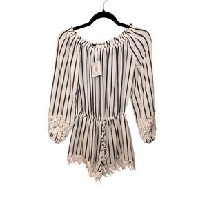 Muche et Muchette Womens Romper OS White Black Striped Lace Boho Playsuit NWT